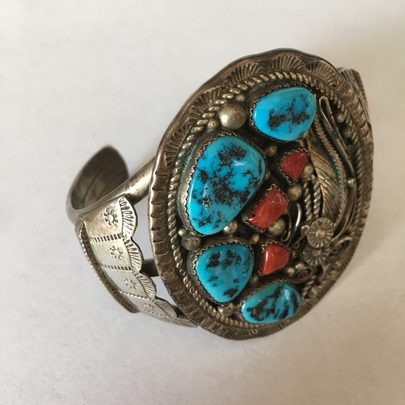 Vintage Native American Turquoise Coral Sterling Silver Cuff Bracelet - Picture 6 of 16